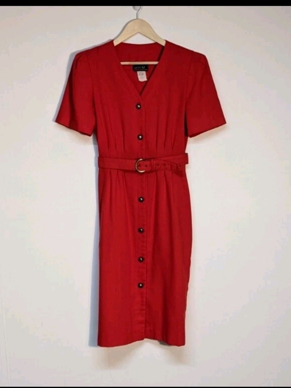Vintage MHM Melissa Harper 80s Button-Front Belted Red Dress, Sz 10